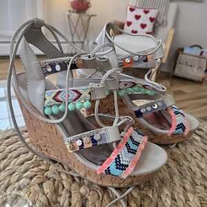 Boho Embroidered Cork Wedge Sandals in Light Gray with Multicolor Accents